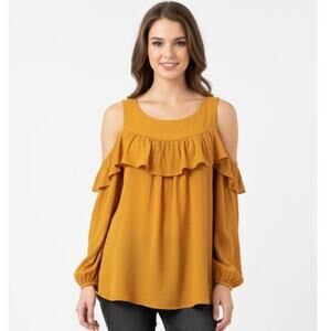Maeve Anthropologie Mustard Yellow Cold Shoulder Ruffle Blouse Boho 6 Spring